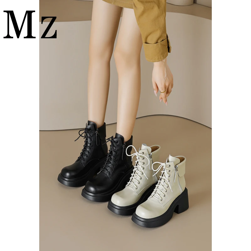 Mr.Zheng/淘小正/双拉链系带厚底马丁靴小个子增高粗跟真皮短靴