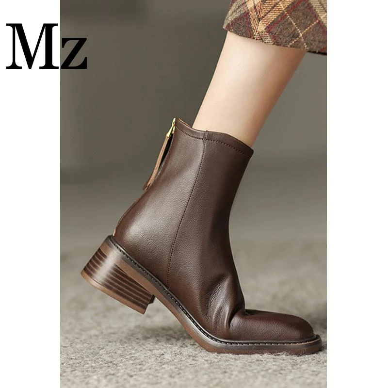 鞋匠小明/4.5cm/复古方头后拉链短靴粗跟百搭单靴瘦瘦靴/xj1021