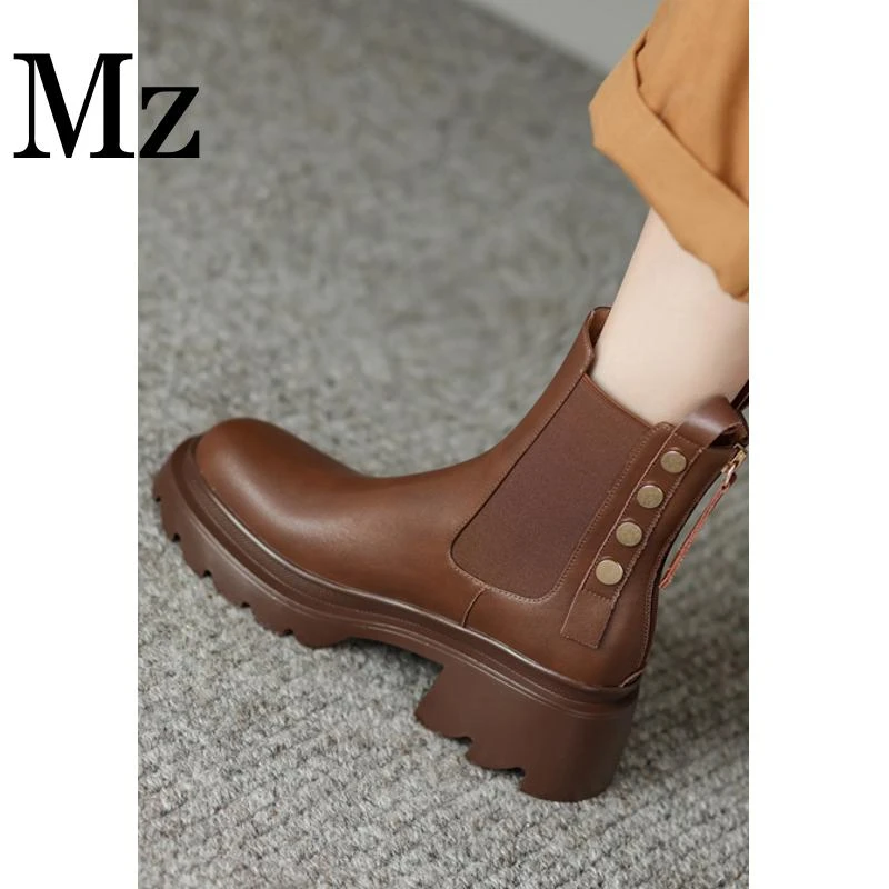 鞋匠小明/7cm/粗跟圆头切尔西靴秋冬复古烟筒靴短靴女鞋/xj168229