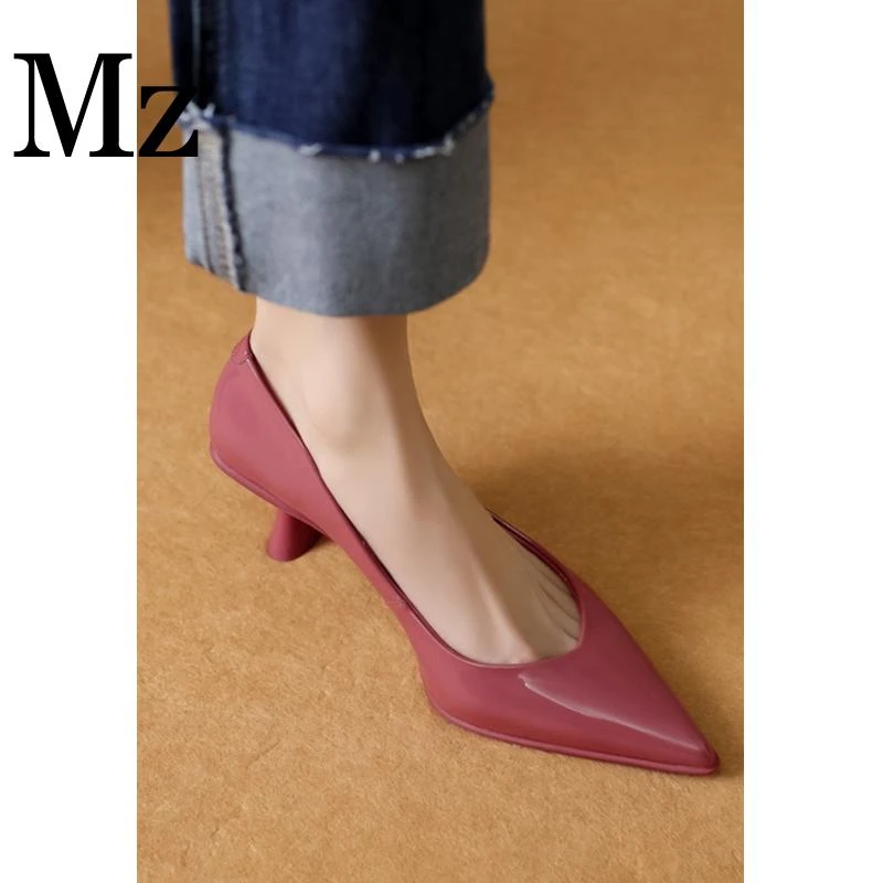 鞋匠小明/7cm/尖头运动底V口高跟鞋女春浅口漆皮时尚真皮细跟单鞋