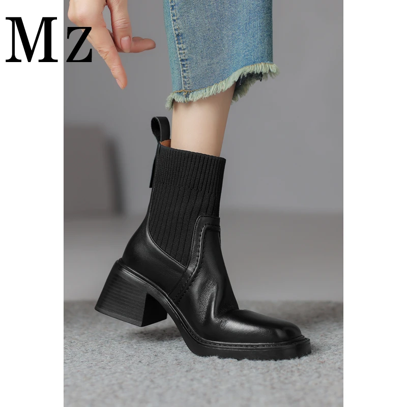 Mr.Zheng/淘小正/针织袜子靴毛线筒粗跟马丁靴方头高跟短靴女鞋