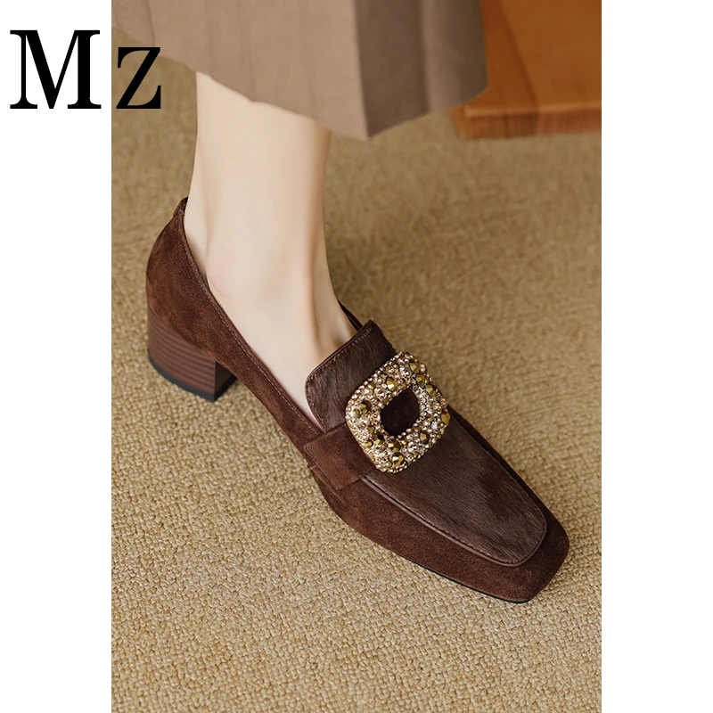 Mr.Zheng/淘小正/法式优雅方头中跟乐福鞋水钻粗跟气质女鞋