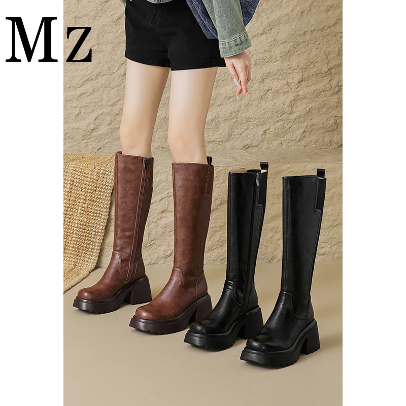 Mr.Zheng/淘小正/8cm/厚底粗跟复古高筒骑士靴侧拉链休闲女长靴