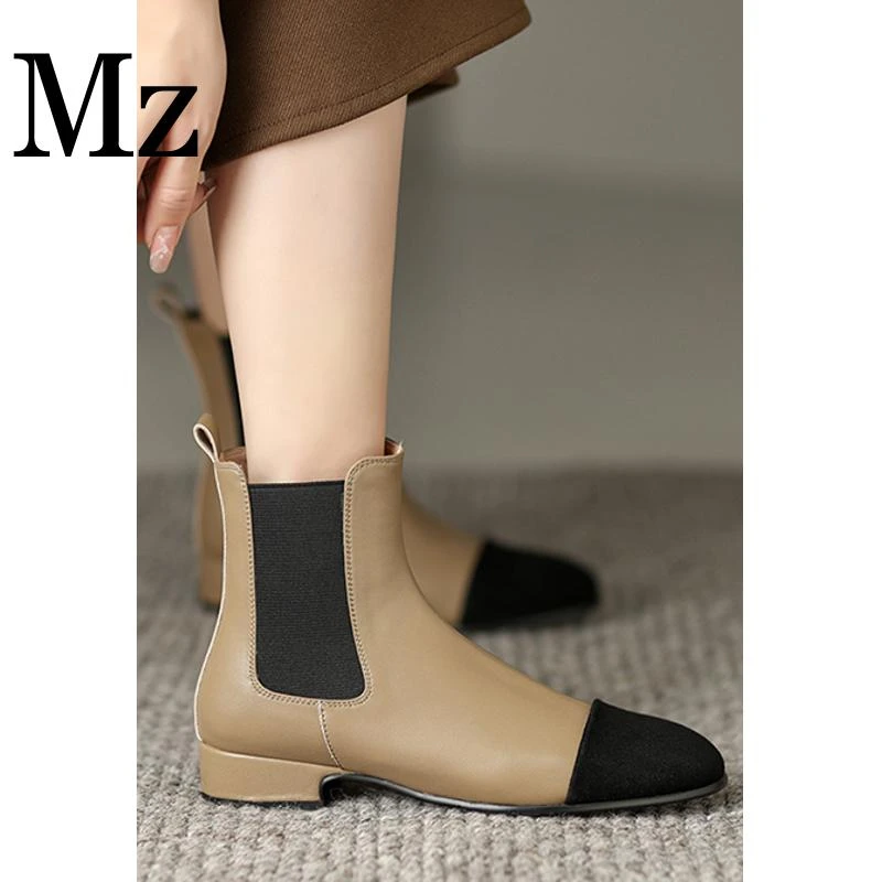 鞋匠小明/3cm/小香风拼色切尔西短靴女圆头平底及踝靴子/xjMX9707