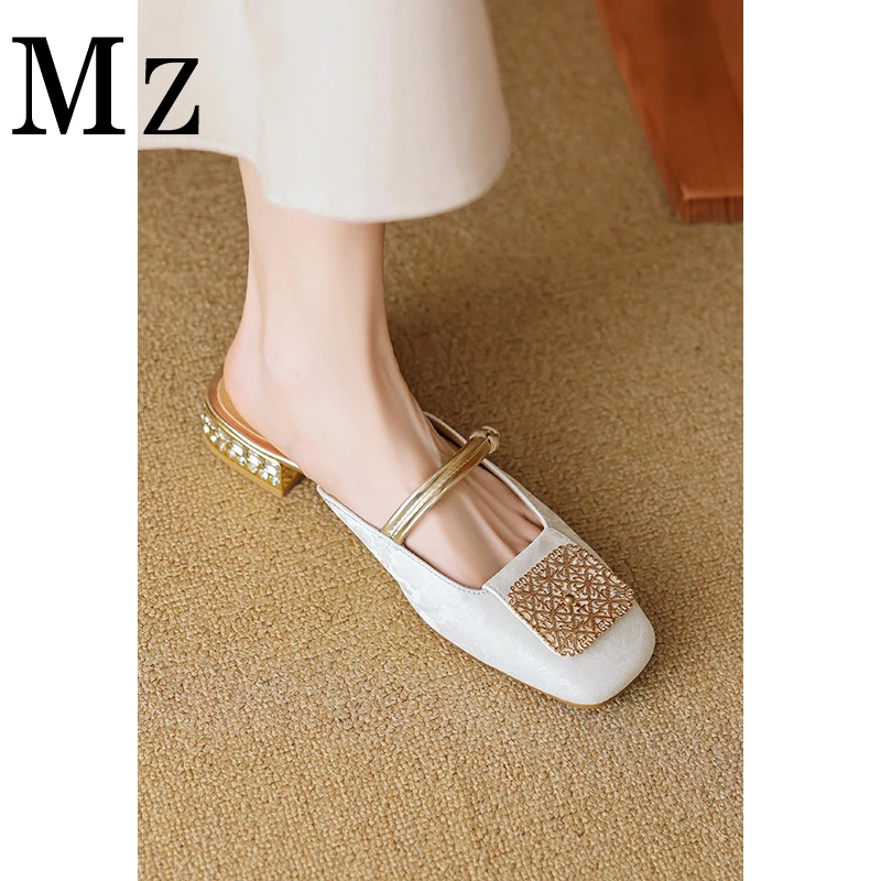 Mr.Zheng/淘小正/2.5cm/包头一字带珍珠粗跟凉拖鞋浅口舒适女鞋