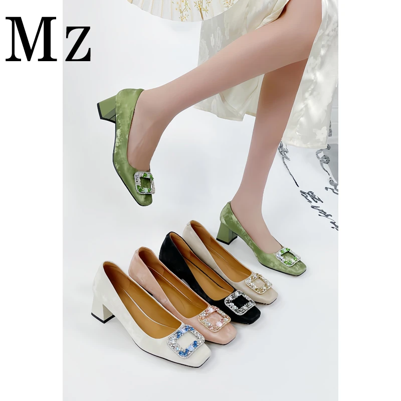 现货断码福利/5cm/高版本/国风新中式高跟鞋复古方头粗跟水钻单鞋
