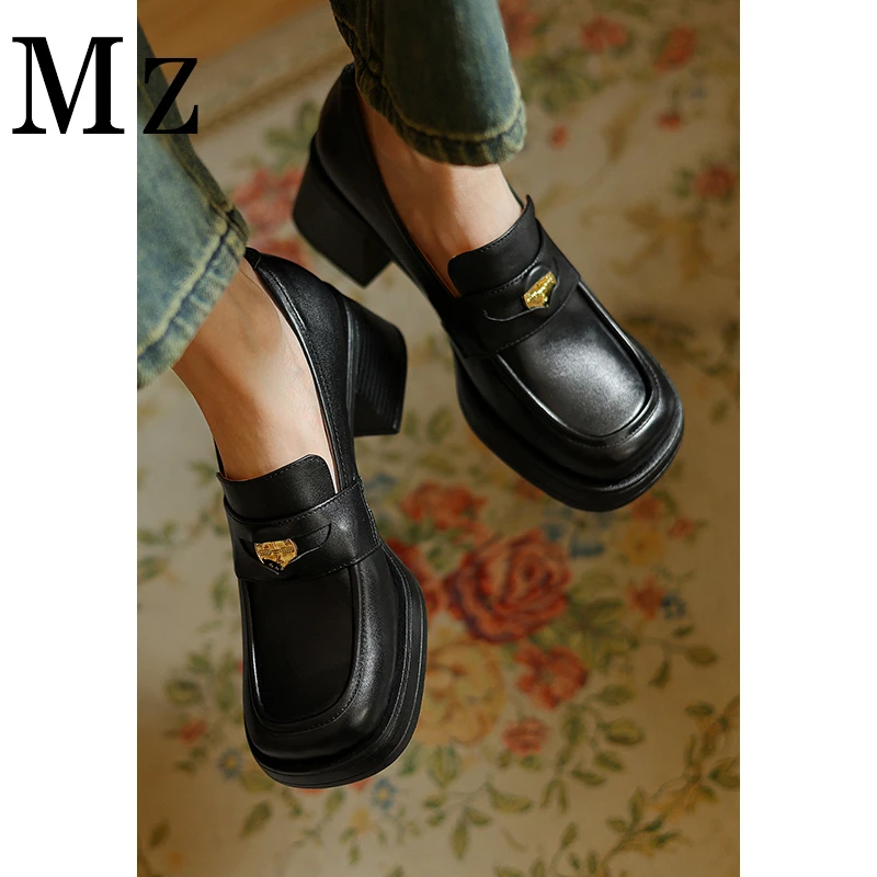 Mr.Zheng/淘小正/6cm/圆头粗跟厚底乐福鞋春秋高跟百搭气质女鞋