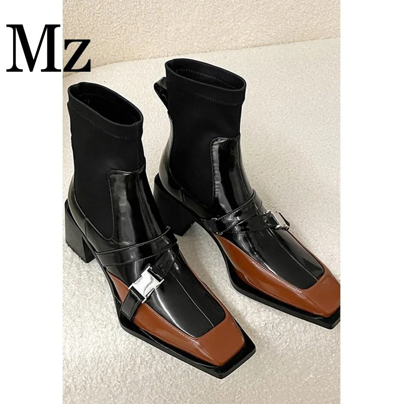 鞋匠小明/5cm/设计师款/方头短靴女拼色短筒瘦瘦靴单靴子/xjX1233
