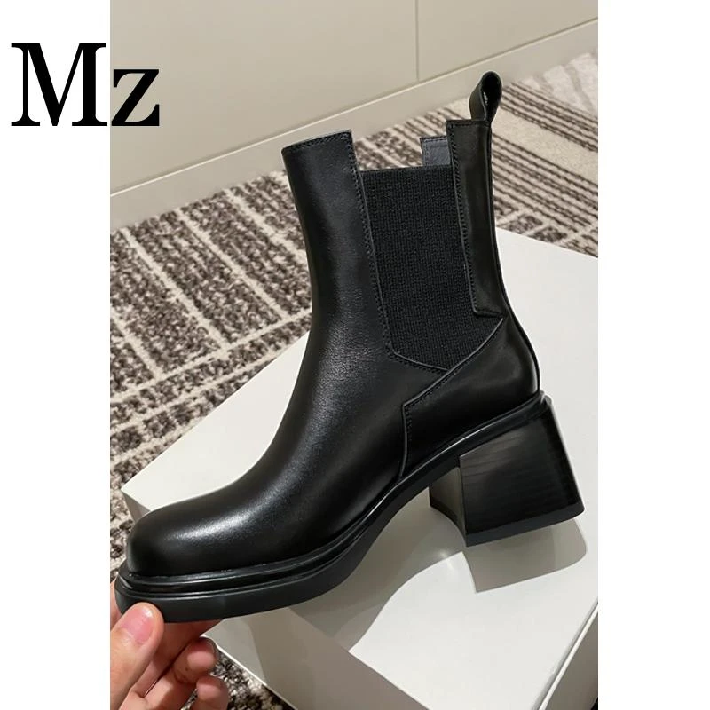 鞋匠小明/6cm/圆头马丁靴短靴女鞋百搭粗跟简约切尔西靴子/xjS867