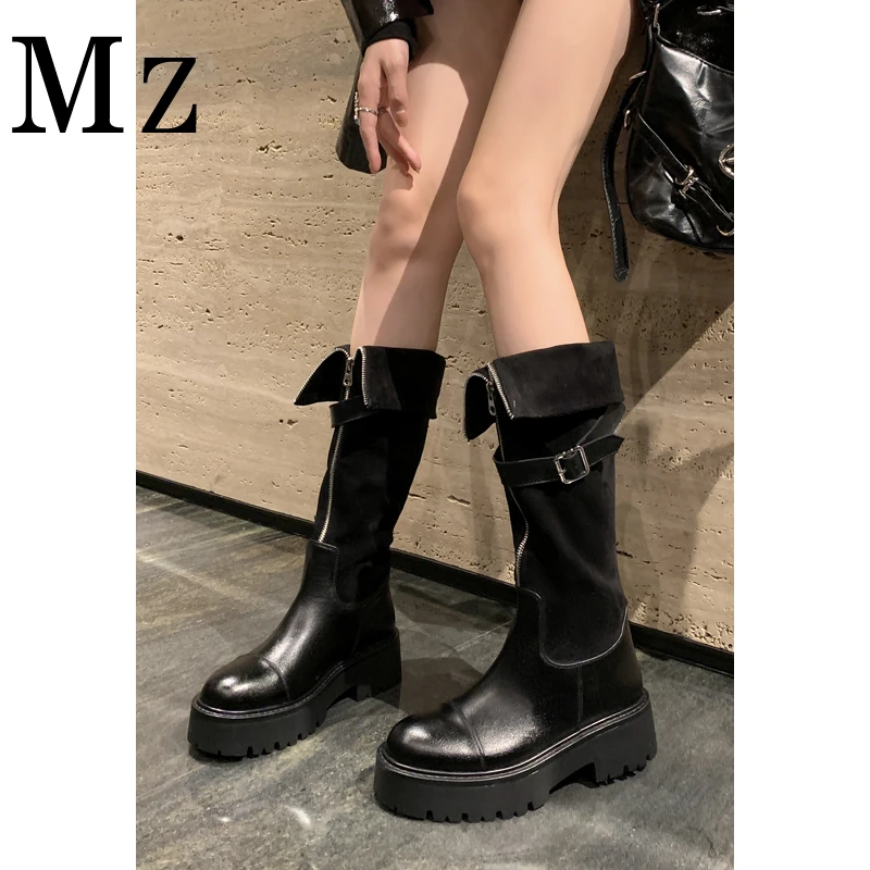 Mr.Zheng/淘小正厚底两穿中筒长靴拼接皮带扣冬骑士机车靴女鞋