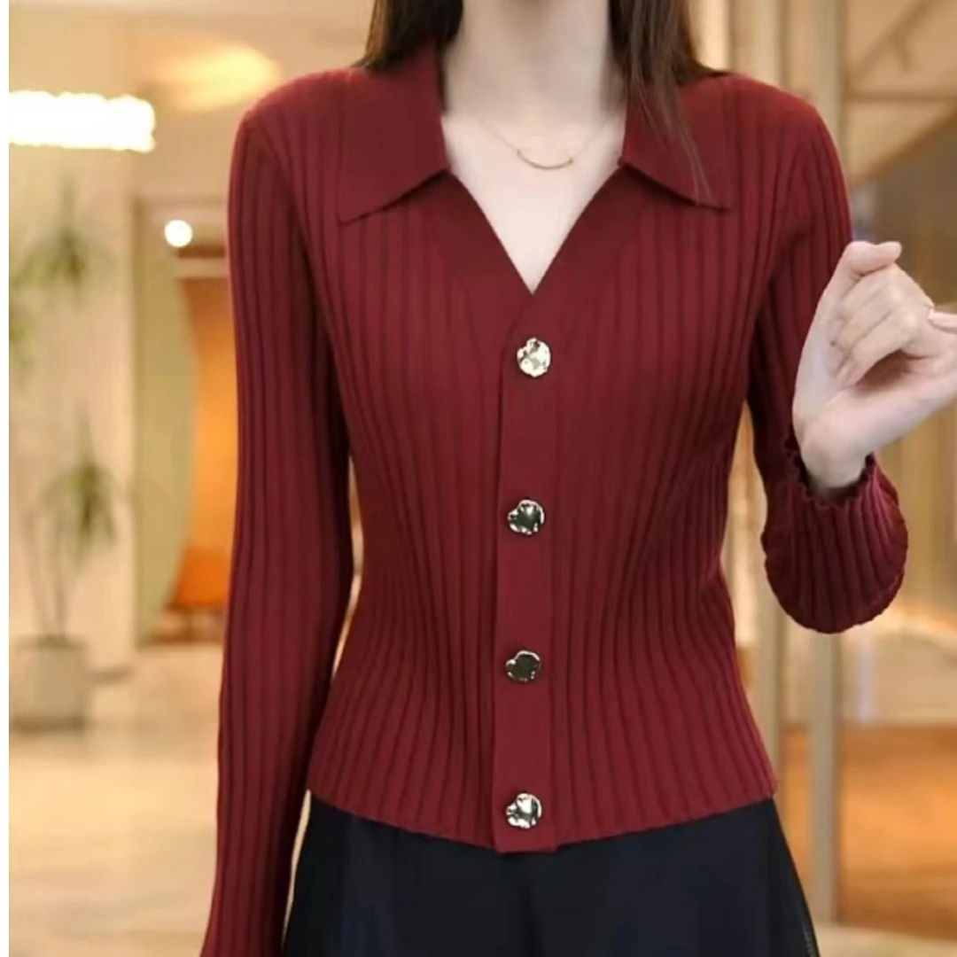 翻领红色针织开衫女2024秋季新款大码微胖修身显瘦长袖上衣打底衫