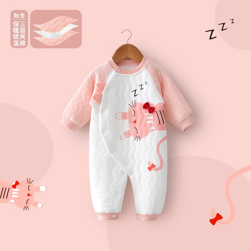 婴蓓依婴儿连体衣秋冬季冬季加厚女宝宝哈衣爬服新生儿衣服保暖
