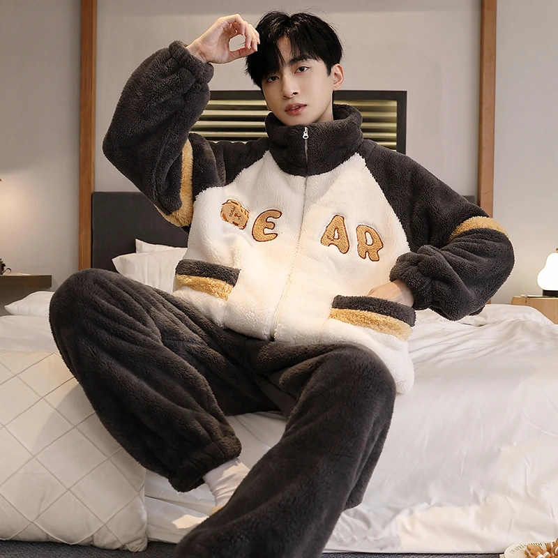 睡衣男士加绒加厚秋冬款珊瑚绒大码青年冬天休闲家居服套装可外穿