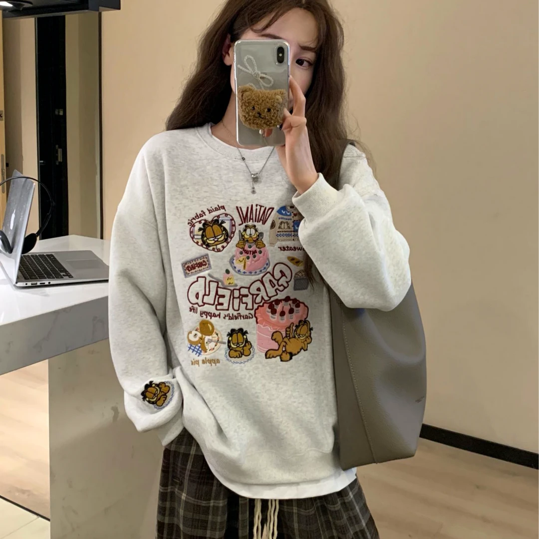 16703# 加菲猫重工刺绣下午茶假两件圆领卫衣宽松韩版 加绒