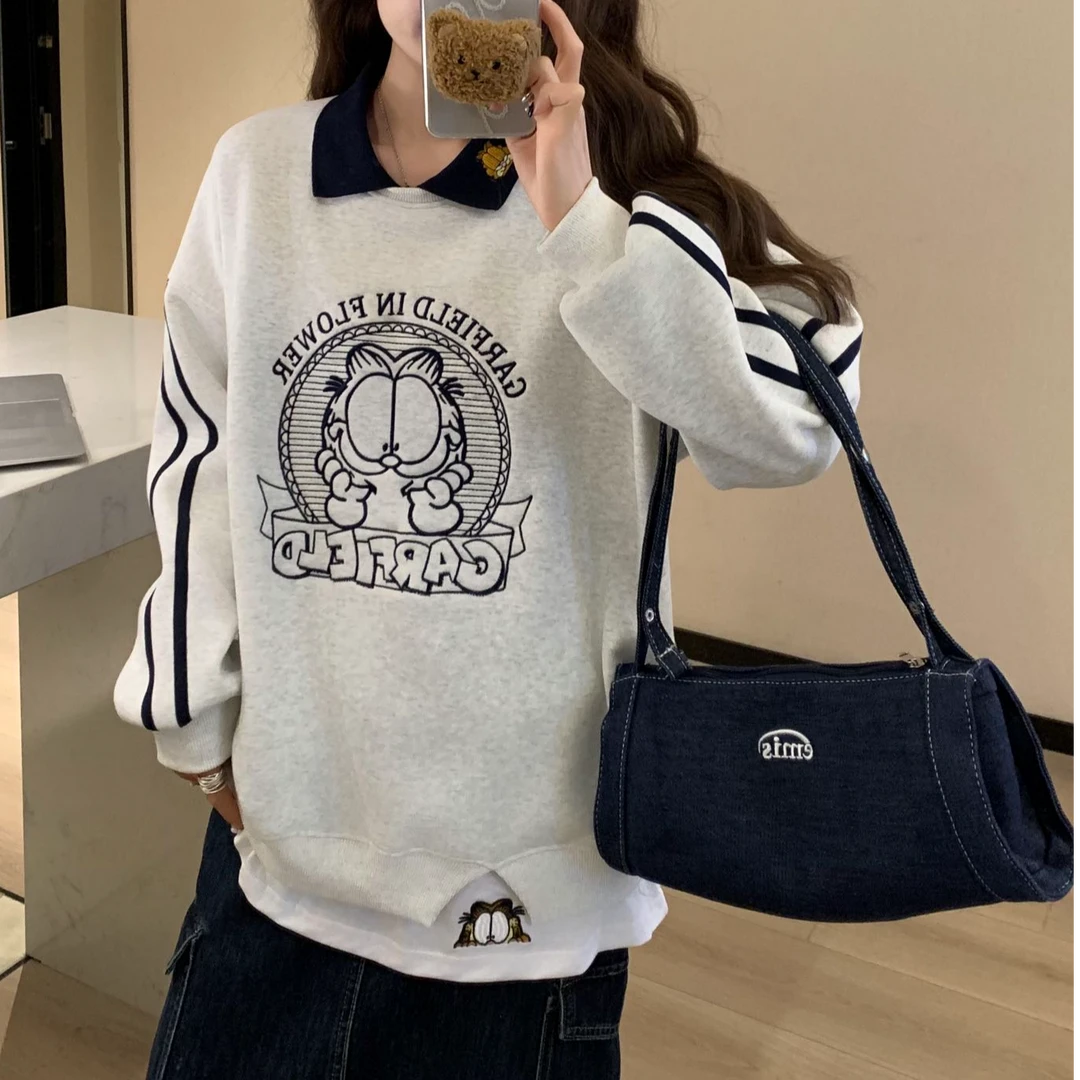 16701#冬款Polo领拉条加菲猫 秋冬新款设计感加厚圆领卫衣