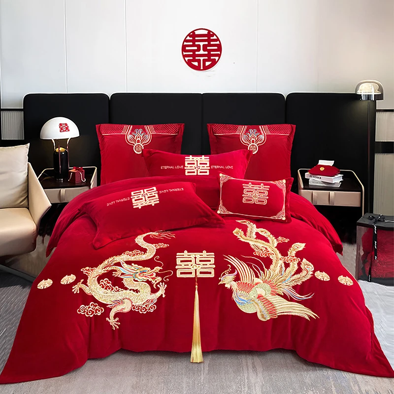 牛奶绒四件套结婚大红色冬季珊瑚绒婚庆刺绣喜庆加厚保暖宝宝绒