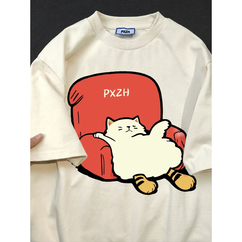 100%纯棉高级设计感休闲风猫咪字母印花短袖女流行t恤夏季上衣ins