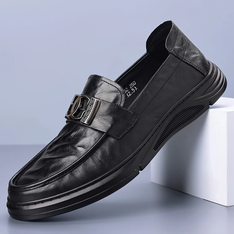 新款头层牛皮秋季时尚百搭舒适软底软面真皮牛皮男士休闲乐福鞋