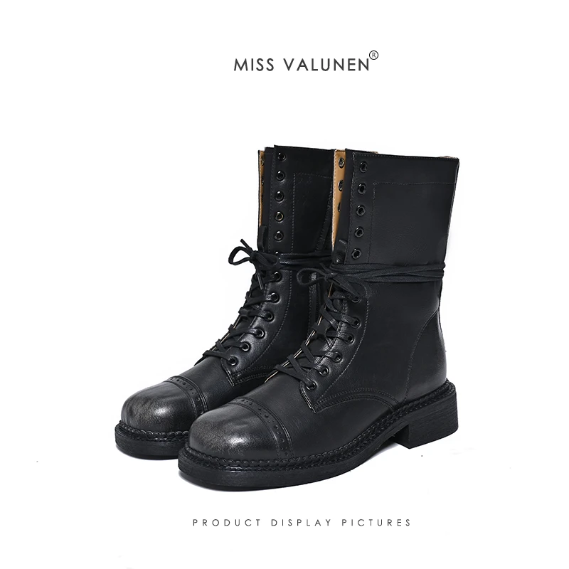 2024秋冬新款靴子圆头绑带骑士靴子复古做旧皮带扣短靴秀场时装靴