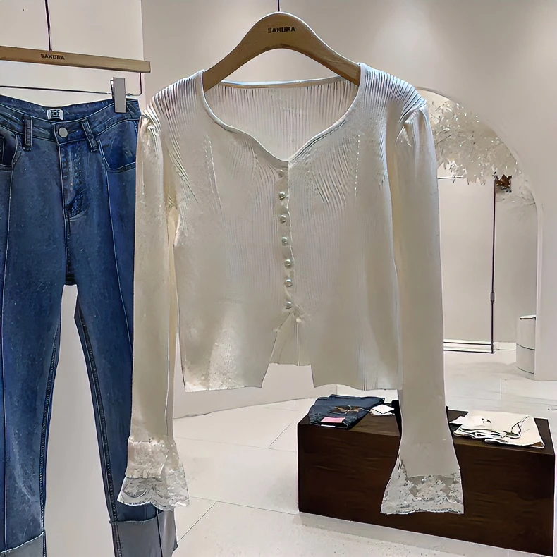 泡泡袖蕾丝针织开衫女秋季纯欲甜辣妹v领法式上衣修身长袖打底衫