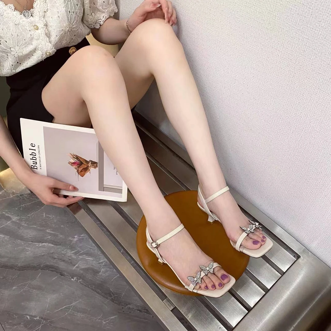 【炫彩蝴蝶】夏季新款方头露趾仙女风时尚气质百搭细跟凉鞋223008