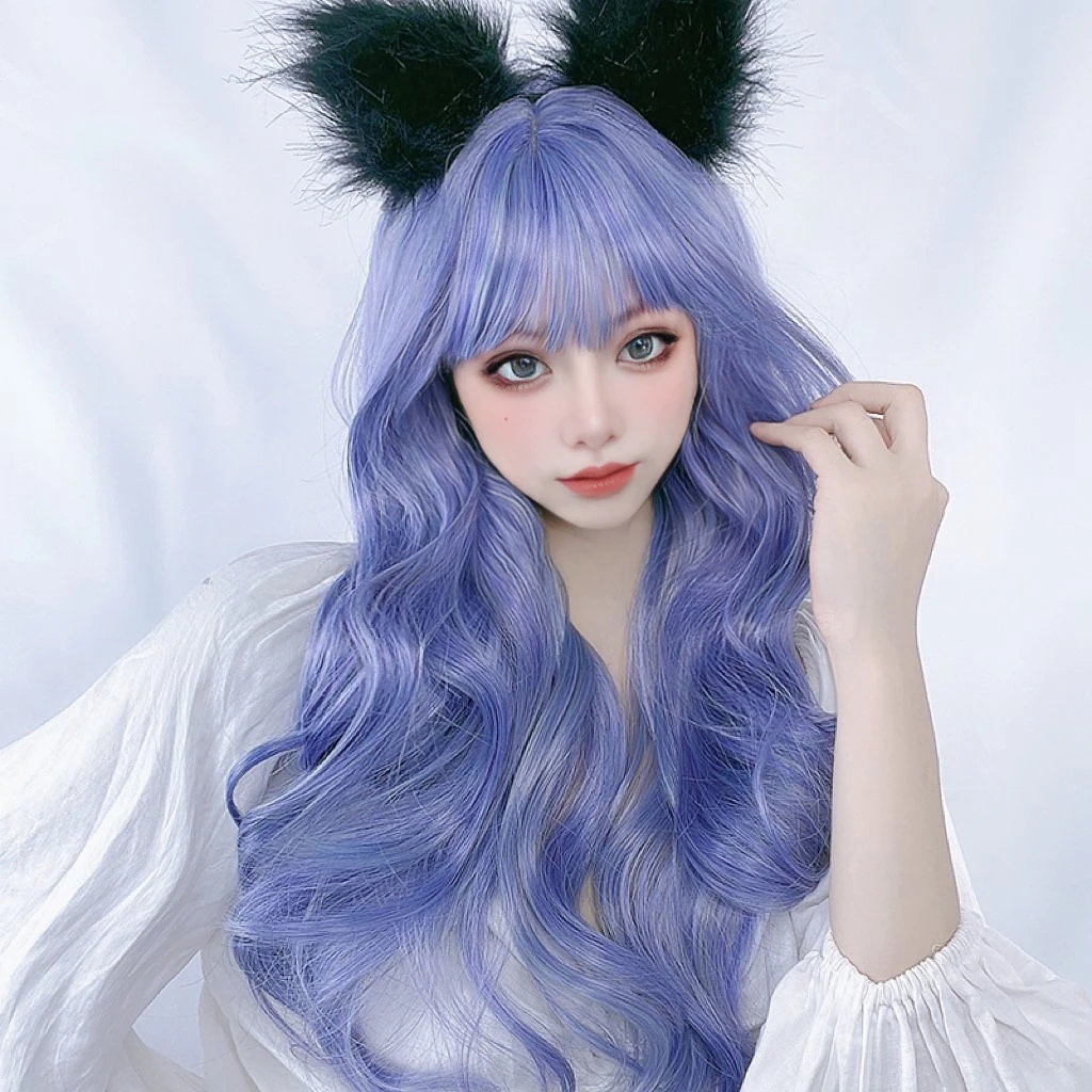 日系洛丽塔软妹lolita假发女CD大佬空气刘海长卷发大波浪COS蓝色