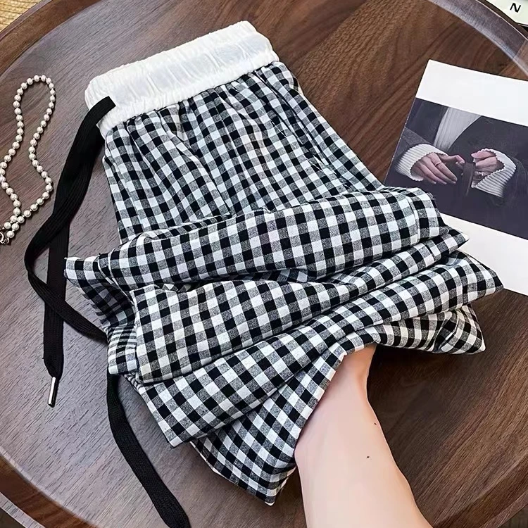 韩系高腰气质黑白格阔腿裤女夏新款时髦设计感洋气通勤直筒休闲裤