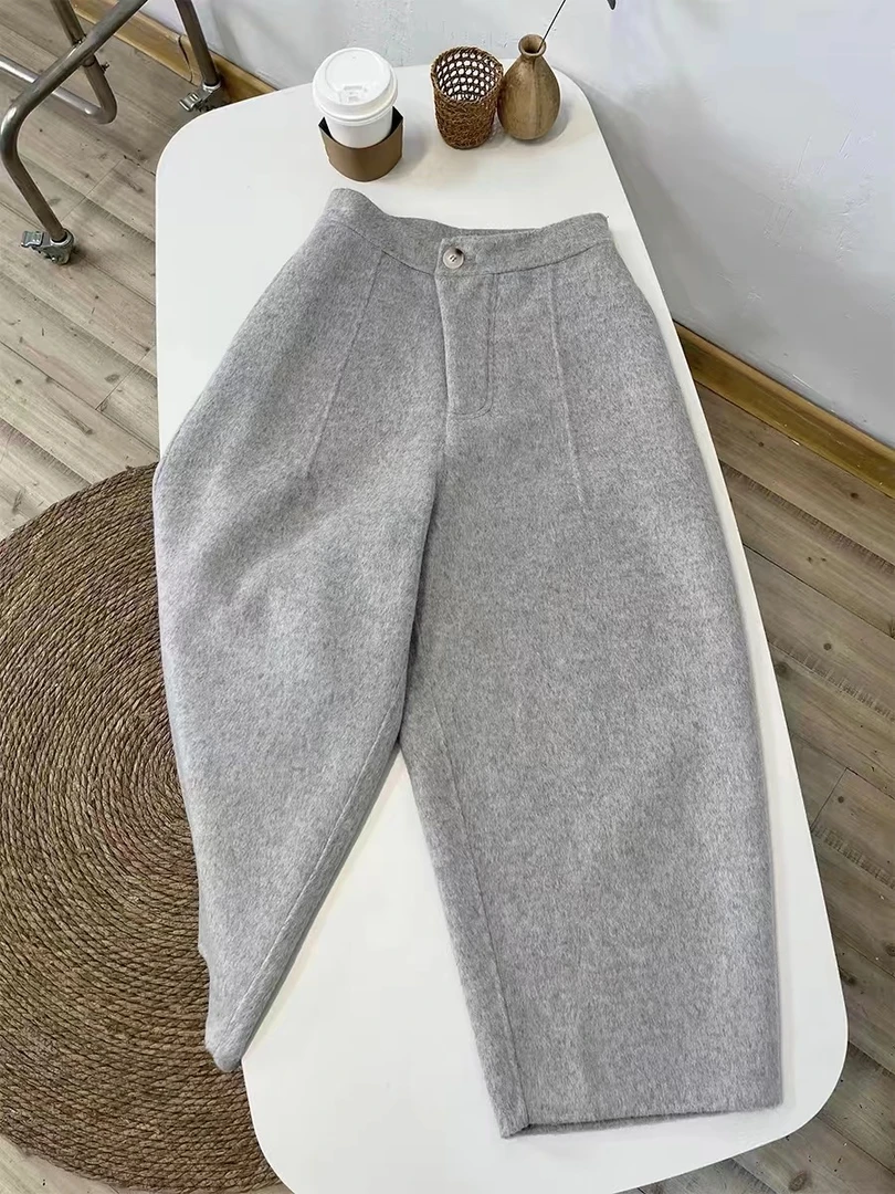 韩版格雷系浅灰色毛呢哈伦萝卜裤女宽松显瘦百搭休闲呢子九分裤