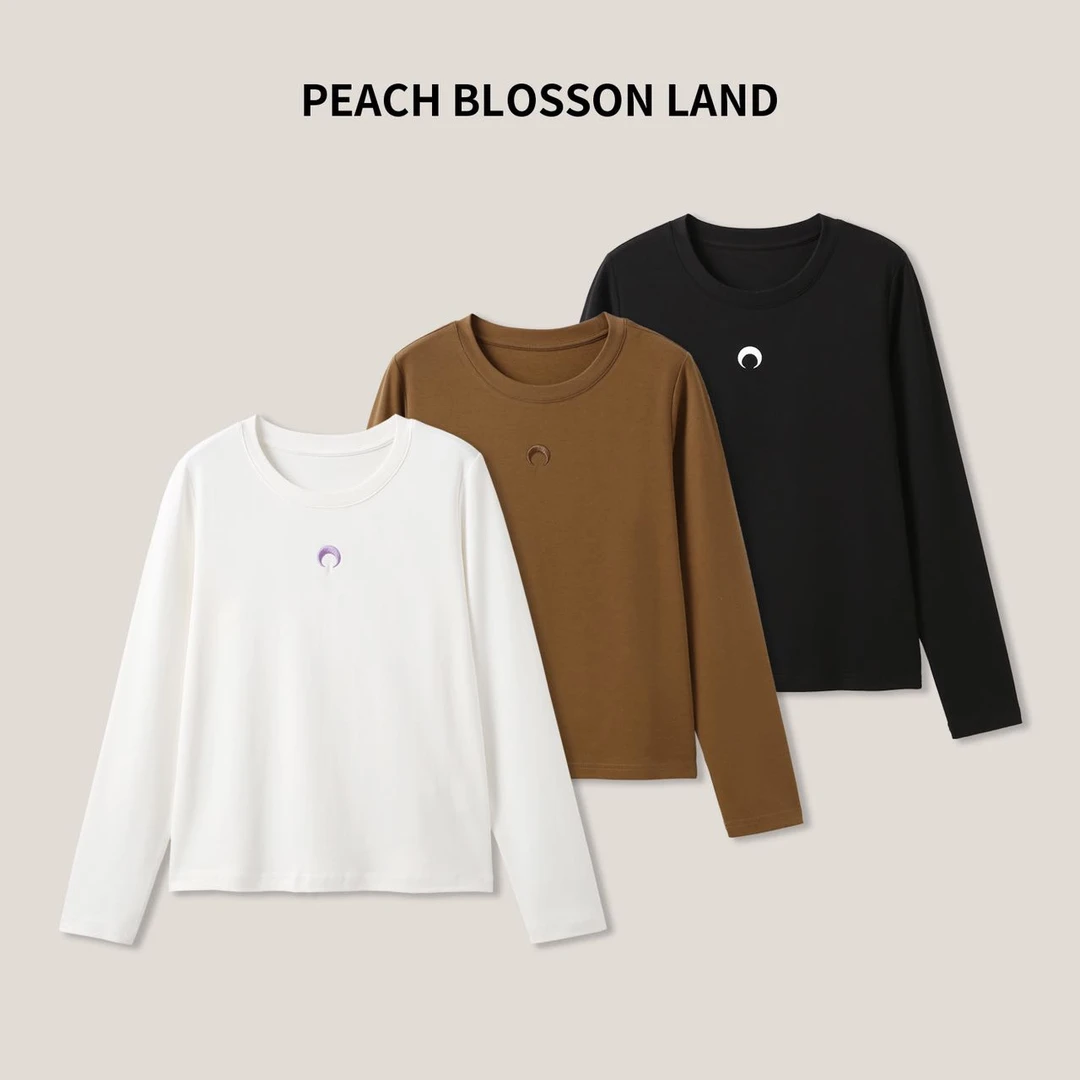 【可宝推荐】高定时尚 月亮刺绣女士纯色圆领长袖百搭T恤SS23193