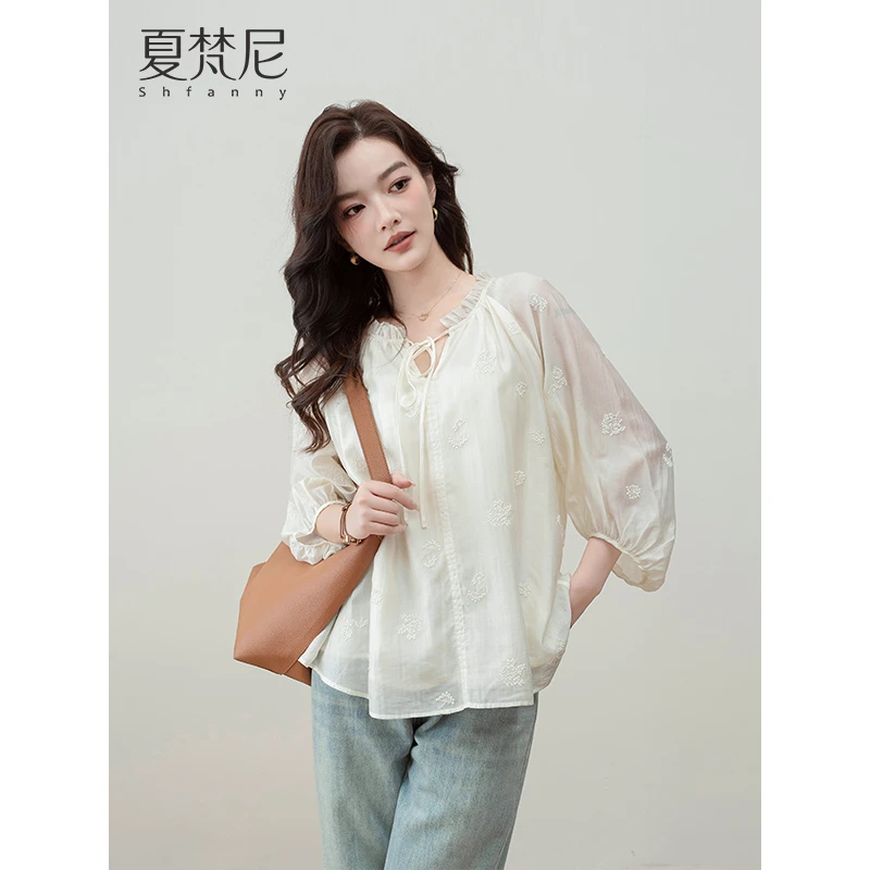 夏梵尼半城烟雨国风新中式衬衫灯笼袖早秋百搭小衫网红爆款上衣