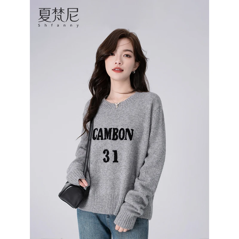 夏梵尼进阶温暖字母圆领针织衫慵懒风毛衣圆领针织上衣