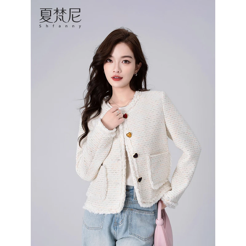 【月光石】夏梵尼米白色粗花呢短外套女法式甜美爱心扣秋季外套