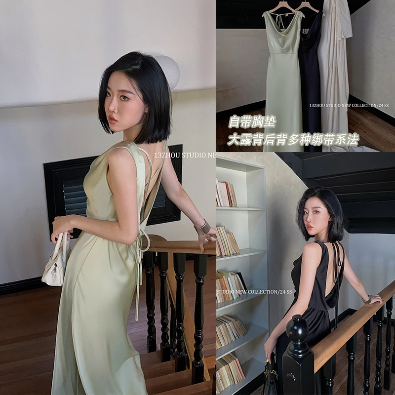 十三粥私服 青荷恋人 修身长款遮肉显瘦性感设计露背荡领连衣裙夏