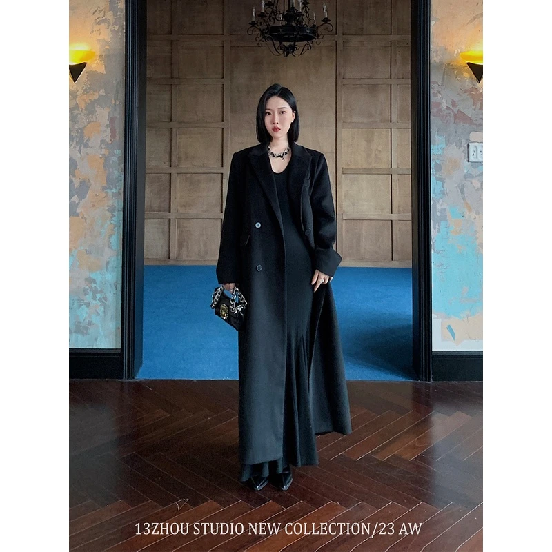 十三粥私服 冬日气场 复古双排扣外套显瘦气质羽绒内胆毛呢大衣女