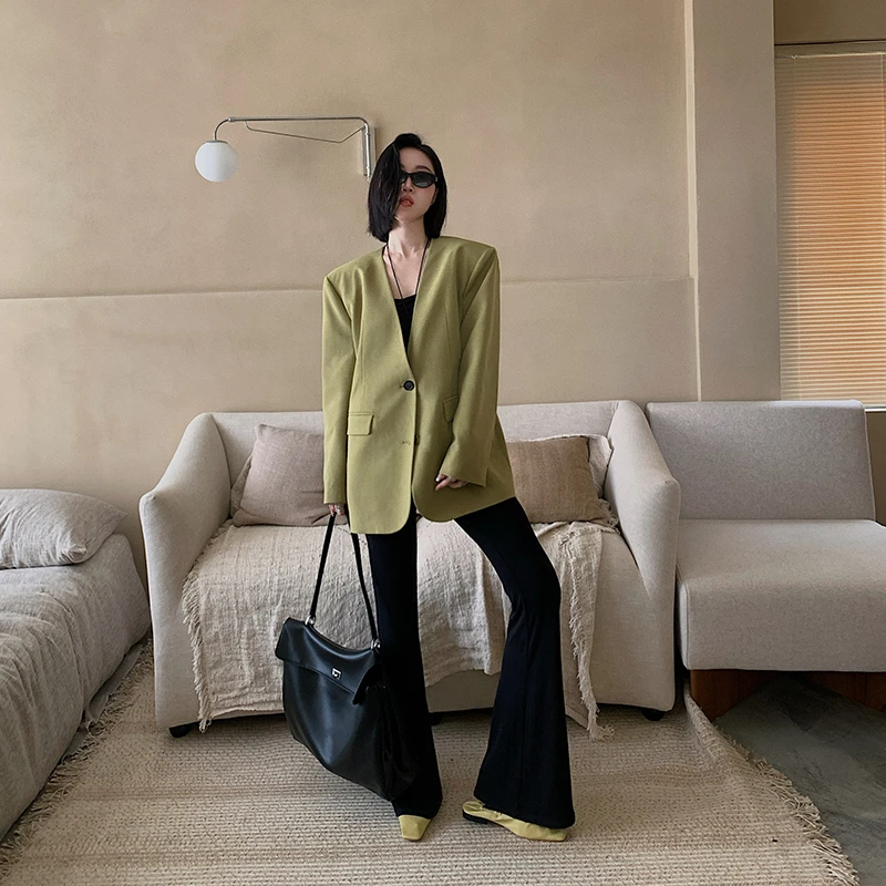 十三粥私服 初秋马提尼 V领休闲百搭气质时髦飘带宽松长款西装女