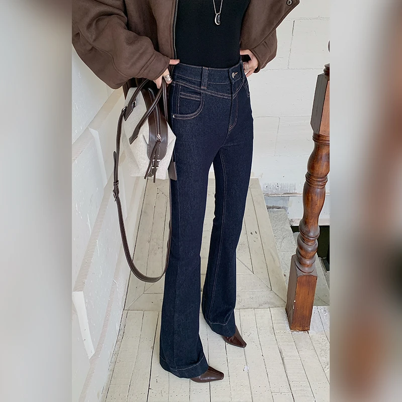 十三粥私服 暖暖腿精裤 复古修身时尚高腰遮肉显瘦抓毛微喇裤