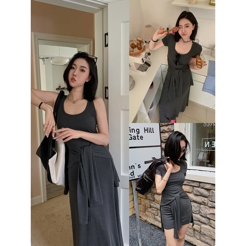 十三粥私服 懒懒腰精裙 腰间绑带自带胸垫遮肉收腰长短款连衣裙女