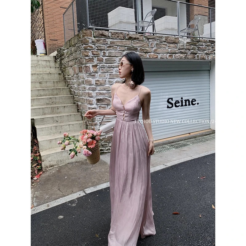 十三粥私服 浮光晚樱 深V性感高级长裙感显瘦夏高个子吊带连衣裙