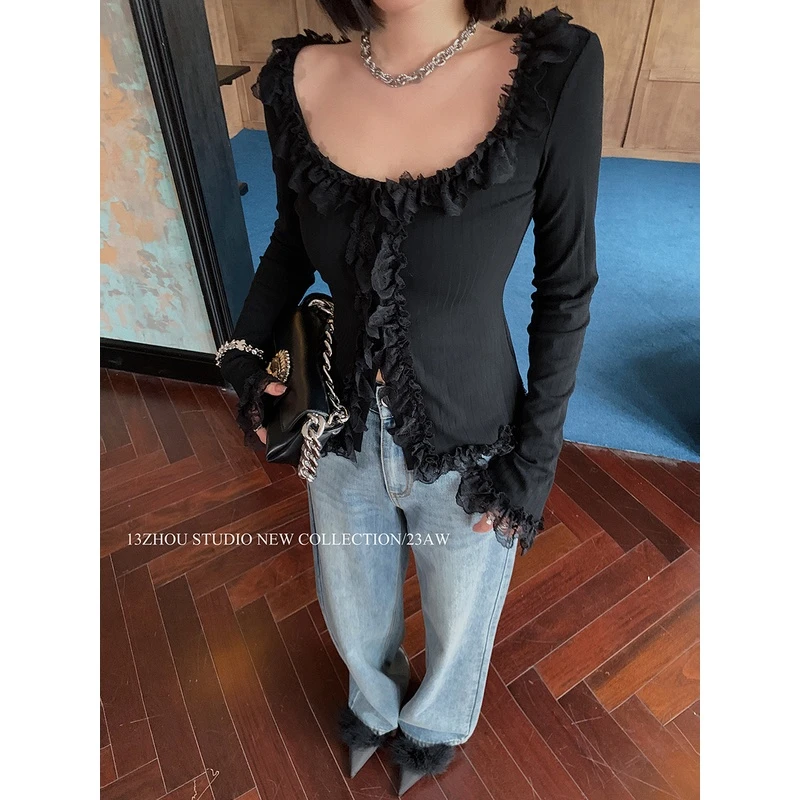 十三粥私服 软酪甜心 复古方领显瘦修身上衣内搭蕾丝设计针织开衫