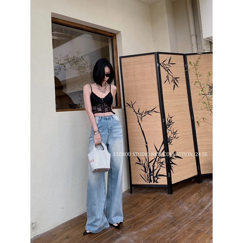 十三粥私服 海盐特调 休闲复古水洗显瘦高腰遮肉直筒宽松牛仔裤女