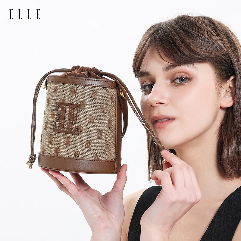 ELLEELLE24年新款小众轻奢时尚发财水桶包气质百搭印花抽绳46014