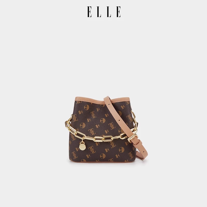 ELLE24夏季新款老花系列水桶包经典手提斜挎女士包包24449