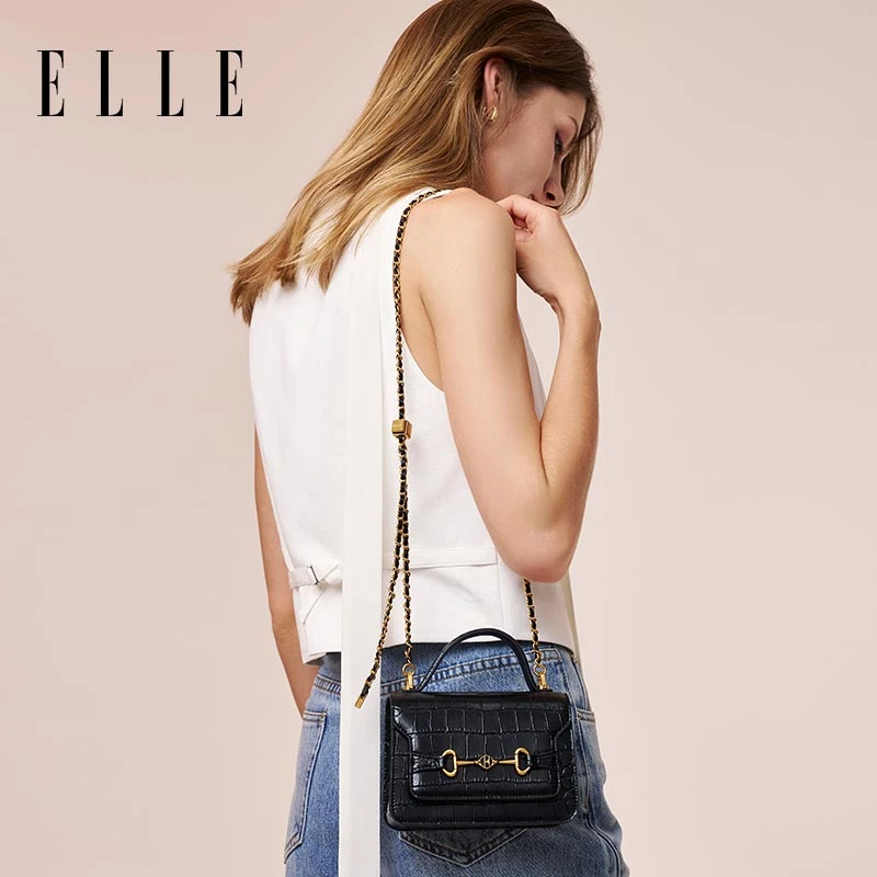 ELLE25新款【慵懒周末】限定百搭链条真皮斜挎包24321
