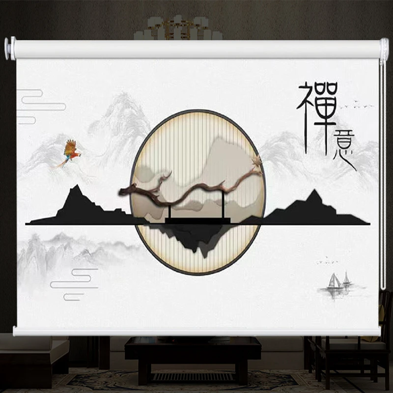 新中式禅意山水卷帘办公室遮光客厅阳台茶室窗户遮阳挂画书房窗帘