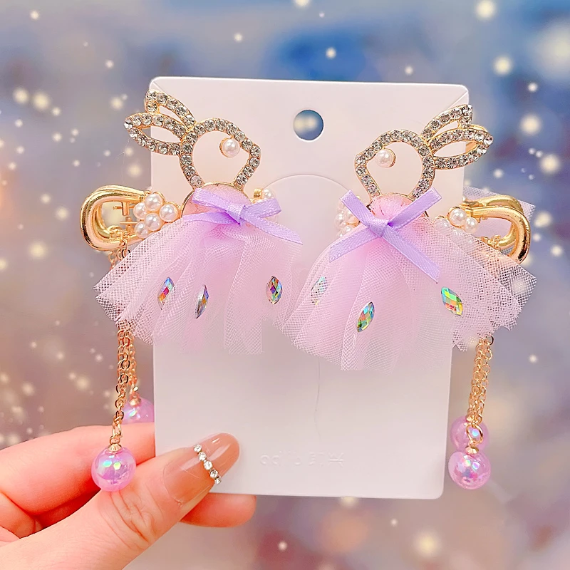 儿童新款高马尾固定发夹纱纱流苏兔子抓夹女童粉色可爱丸子头神器