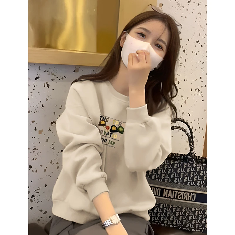 奶杏色圆领卫衣女2025新款爆款秋冬时尚休闲宽松加绒加厚上衣外套