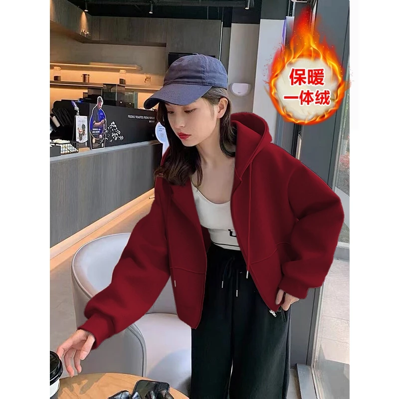 即墨卫衣外套女2025秋冬新款爆款酒红色加绒休闲开衫小个子短上衣