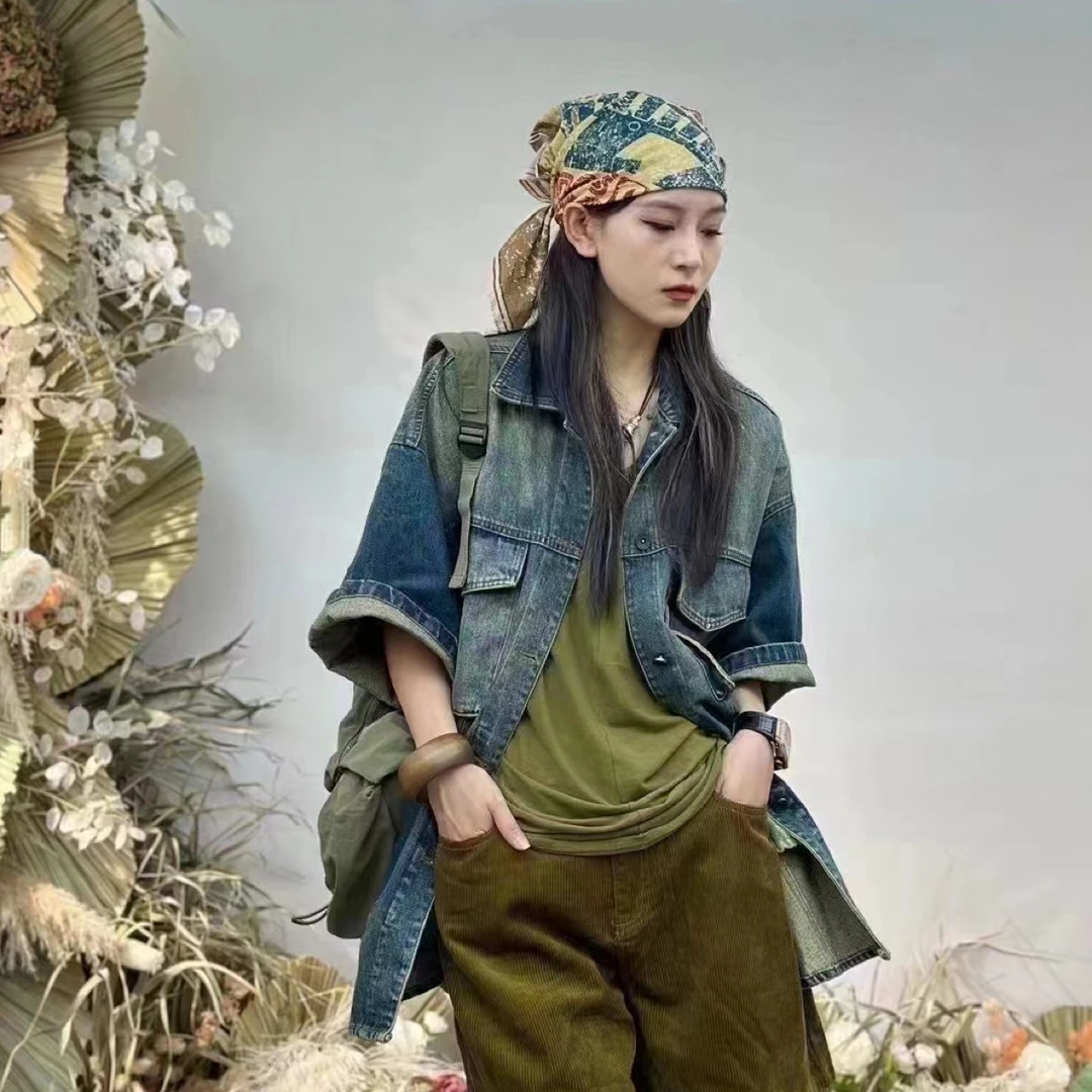 重工欧货牛仔工装短袖衬衫