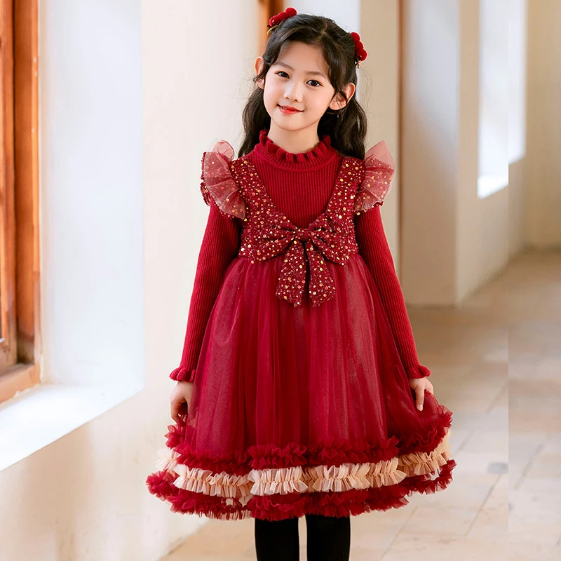 女童冬季新年公主裙 儿童冬季加绒红色蓬蓬纱礼服拜年服连衣裙子