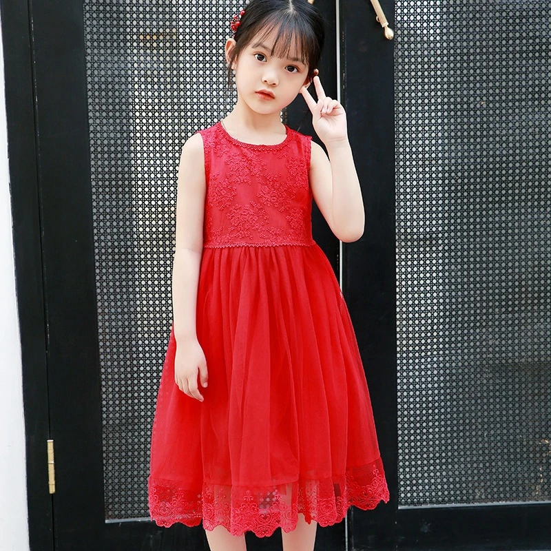 断码 亏米清  儿童夏装女童夏季无袖蕾丝红色公主小女孩连衣裙